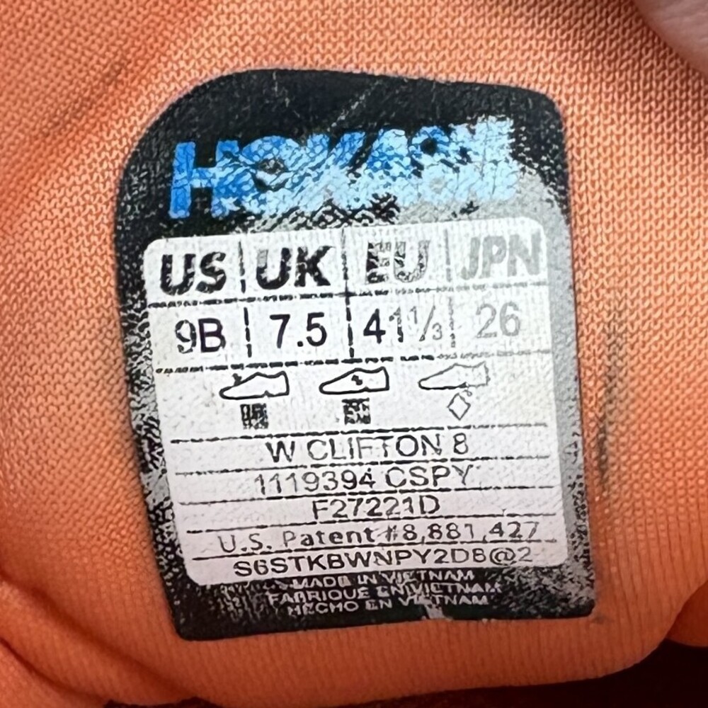 Hoka Clifton 8 Orange Womens US Size 9 EUR 41.3 1119394 CSPY Running Shoes - Picture 10 of 10